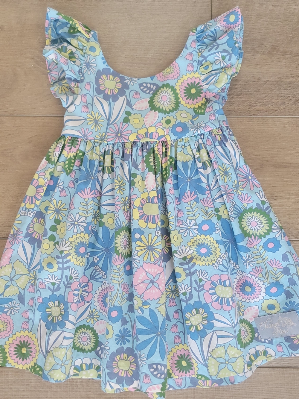 Eleanor Rose Serena Floral Blue Pink Cotton Dress Size 3-4 Boho Mini